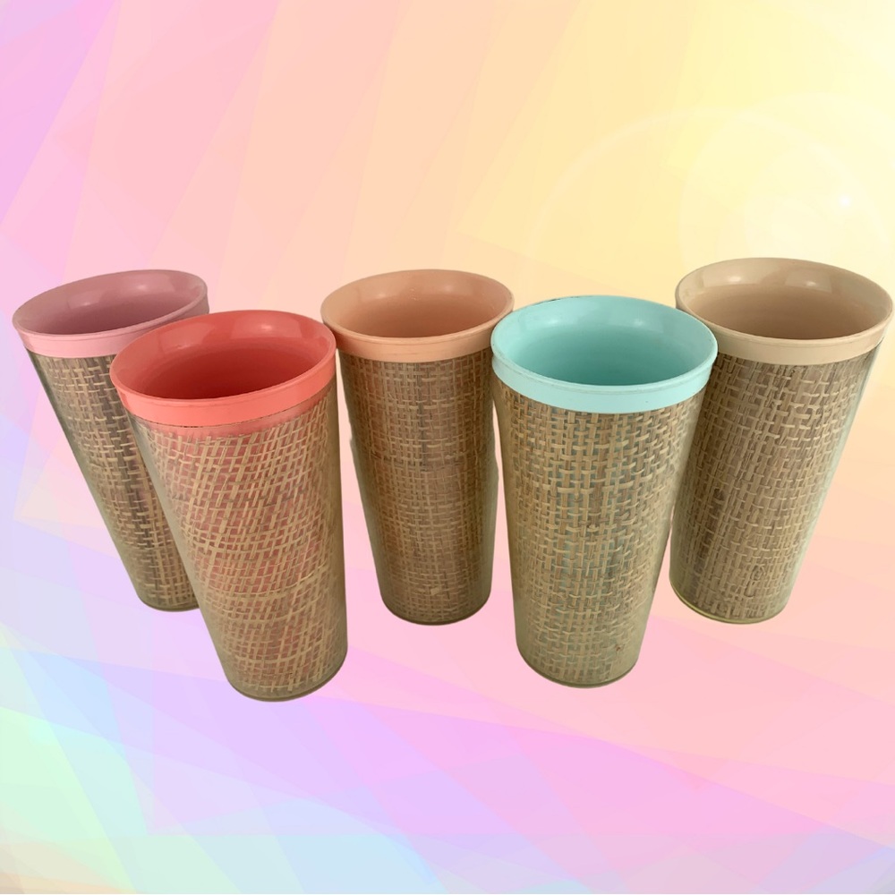 Vintage Pastel Raffiaware Melmac Woven Burlap Insulated Plastic Tumbler Lot of 5